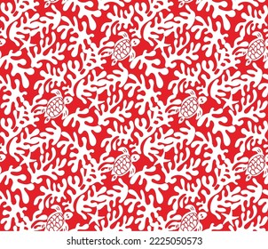 Abstract Hand Drawn Corals Sea Turtles Exotic Minimal Ocean Swimwear Seamless Pattern Perfect for Allover Fabric Print Monochrome Stylish Elegant Design Red White Tones