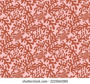 Abstract Hand Drawn Corals Sea Turtles Exotic Minimal Ocean Swimwear Seamless Pattern Perfect for Allover Fabric Print Monochrome Stylish Elegant Design Amber Brown Pastel Pink Tones