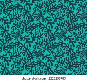 Abstract Hand Drawn Corals Sea Turtles Exotic Minimal Ocean Swimwear Seamless Pattern Perfect for Allover Fabric Print Monochrome Stylish Elegant Design Tiffany Blue Petrol Blue Tones