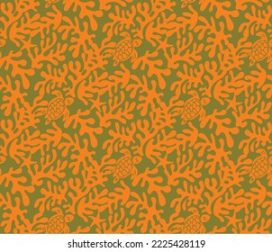 Abstract Hand Drawn Corals Sea Turtles Exotic Minimal Ocean Swimwear Seamless Pattern Perfect for Allover Fabric Print Monochrome Stylish Elegant Design Olive Green Orange Tones