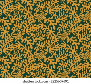 Abstract Hand Drawn Corals Sea Turtles Exotic Minimal Ocean Swimwear Seamless Pattern Perfect for Allover Fabric Print Monochrome Stylish Elegant Design Dark Green Mustard Yellow Tones