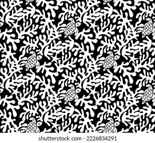 Abstract Hand Drawn Corals Sea Turtles Exotic Minimal Ocean Swimwear Seamless Pattern Perfect for Allover Fabric Print Monochrome Stylish Elegant Design Black Background