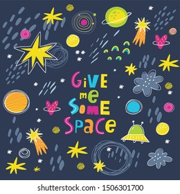 Abstract hand drawn cosmos pattern. Modern style print with rocket, stars, planets, milky way. Ideal for baby textile design