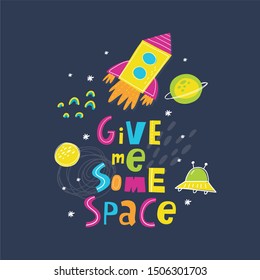 Abstract hand drawn cosmos pattern. Modern style print with rocket, stars, planets, milky way. Ideal for baby textile design
