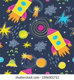 Abstract hand drawn cosmos seamless pattern. Modern style print with rocket, stars, planets, milky way. Ideal for baby textile design