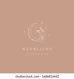 abstract hand drawn crescent moon logo with stars, orchid flower and leaves. icon, vector illustration in trendy line linear art style. Branding