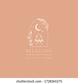 abstract hand drawn crescent moon logo with greek amphora, stars and olive brunches leaves in a frame. icon, vector illustration in trendy line linear art style. Branding