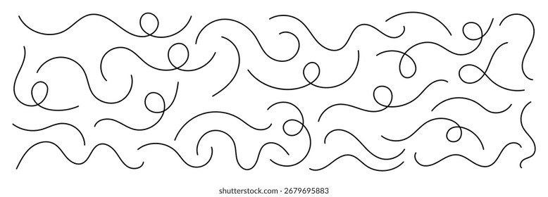 Abstractas líneas de curva dibujadas a mano. Squiggle textura de línea. Borde decorativo curvo minimalista, Elementos divisores. Líneas de garabato en bucle. Líneas onduladas. Ilustración vectorial