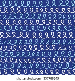 Abstract hand drawn curved paint lines seamless vector pattern navy and white