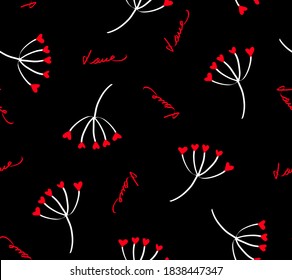 Abstract Hand Drawn Dandelion Flowers with Love Text Repeating Vector Pattern Isolated Background