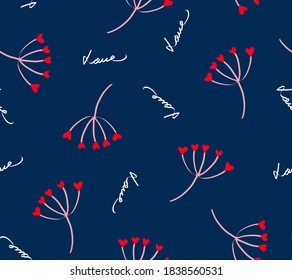 Abstract Hand Drawn Dandelion Flowers with Love Text Repeating Vector Pattern Isolated Background