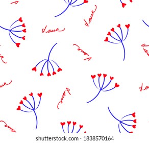 Abstract Hand Drawn Dandelion Flowers with Love Text Repeating Vector Pattern Isolated Background