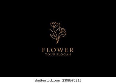 Abstract hand drawn decorative vintage horizontal flower logo with stars. icon, vector illustration in trendy line linear art style. Branding. Floral Boutique, Fashion, Feminine
