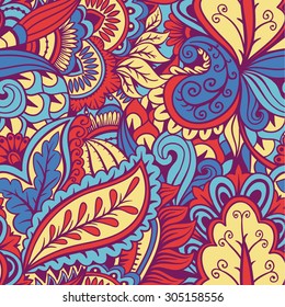 Abstract hand drawn decorative waves seamless pattern, floral vector background