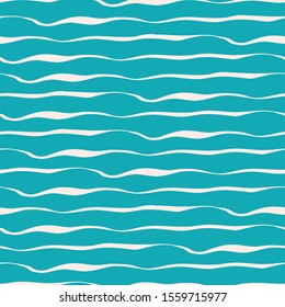 Abstract hand drawn dense brushstroke style sea waves or lines backdrop. Seamless geometric vector pattern on ocean blue background. All over print for marine, summer vacation concept