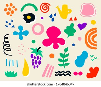 Abstract Hand drawn design background. Colorful contemporary trendy Shapes and Doodle isolated objects. Big set modern vector art illustrations. Perfect for textile prints fabric, covers, wallpapers.