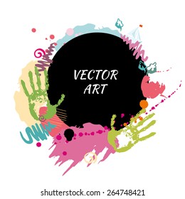 Abstract hand drawn design with colorful blots of paint, handprints, doodles, lines and sailboat. Childish art background. Vector