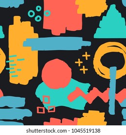 abstract hand drawn different shapes brush strokes seamless pattern on black background