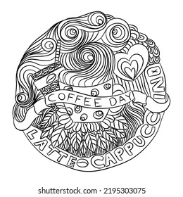 abstract hand drawn doodle of coffee, mug, and ice coffee with wavy line in the circle shape