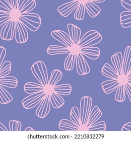 Abstract hand drawn doodle daisy flowers pattern. Simple minimalistic boho childish background. Vector illustration.