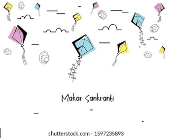 Abstract Hand Drawn Doodle Design of Flying Colorful Kites. Happy Makar Sankranti.
