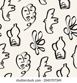 Abstract hand drawn doodle face, curves, jug, bird. Brush stroke style. Contemporary art. Modern trendy Vector illustration. Square seamless Pattern. Wallpaper, Poster, background template