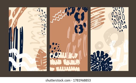 Abstract hand drawn doodle floral pattern background art. Template palm leaf set, brush splash set. Hand drawn leaves abstract set.