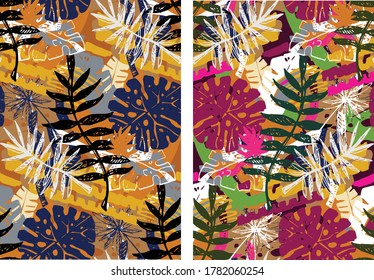 Abstract hand drawn doodle floral pattern background art. Template palm leaf set, brush splash set. Hand drawn leaves abstract set.