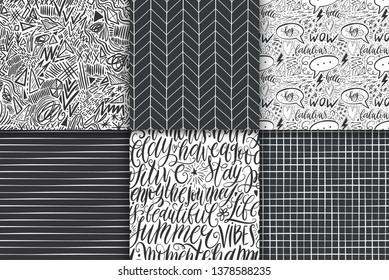 Abstract hand drawn doodle geometric simple minimalistic seamless patterns set. Vector illustration