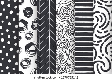 Abstract hand drawn doodle geometric simple minimalistic seamless patterns set. Vector illustration