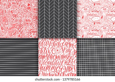 Abstract hand drawn doodle geometric simple minimalistic seamless patterns set. Vector illustration