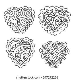 Abstract hand drawn doodle hearts decoration set for Valentine`s day or Wedding day. Vector illustration. 