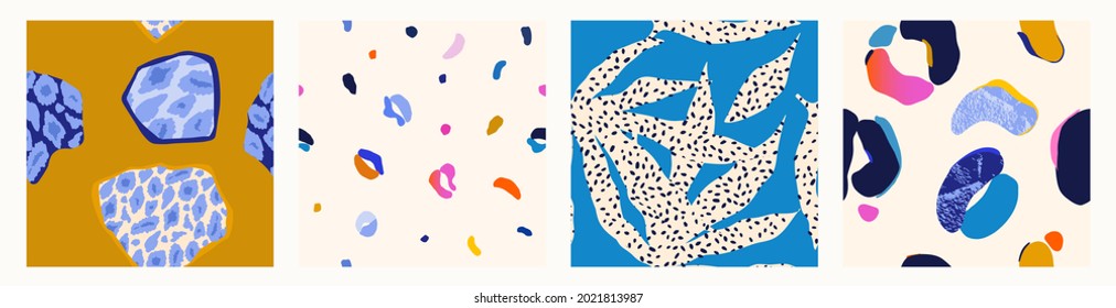 Abstract hand drawn doodle leopard skin print set.
Trendy cartoon style. Different shapes and textures. Colorful modern design.