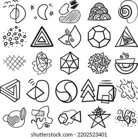 Abstract Hand Drawn Doodle Line Art Outline Set Containing abstract, art, drawing, outline, shape, geometric, graphic, triangle, circle, semi-circle, square, rectangle, parallelogram, rhombus