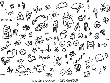 Abstract hand drawn doodle monster food and other elements. Doodle illustration