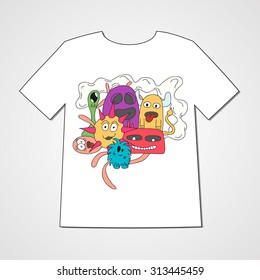 Abstract  hand drawn doodle monsters. Colorful print on a T-shirt.