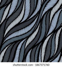 Abstract hand drawn doodle ocean waves. Seamless hand drawn pattern on navy blue background. Uneven line backdrop. All over print for marine, nautical, summer beach resort vacation concept.