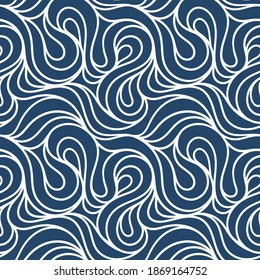 Resumen de las olas del océano dibujadas a mano. Patrón dibujado a mano sin foco sobre fondo azul marino. Fondo de línea desigual. Todo impreso para el concepto de vacaciones marinas, náuticas, vacacionales en verano.