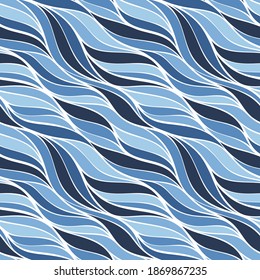 Abstract hand drawn doodle ocean waves. Seamless hand drawn pattern on navy blue background. Uneven line backdrop. All over print for marine, nautical, summer beach resort vacation concept.