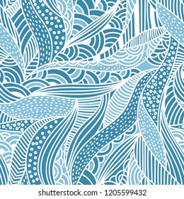 Abstract hand drawn doodle pattern. Vector seamless blue waves background.