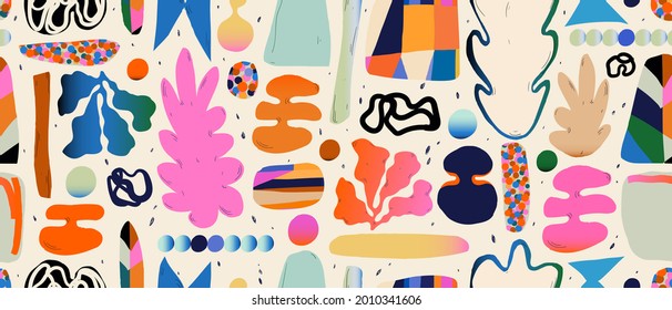 Abstract hand drawn doodle print.
Trendy cartoon style. Different shapes and textures. Colorful modern design.