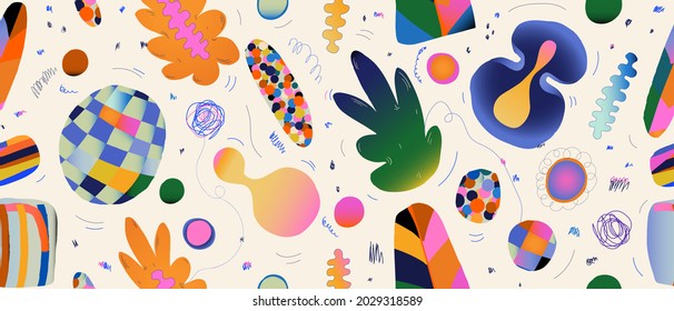 Abstract hand drawn doodle print.
Trendy cartoon style. Different shapes and textures. Colorful modern design.