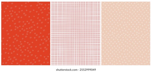 Abstractas dibujado a mano Doodle impresión. Cuadrícula blanca, estrellas y arcos sobre un fondo de coral, rojo y rosa pastel. Lindos patrones de Vector infantil sin fisuras. Patrón geométrico irregular simple. Impresión estrellada. RGB.