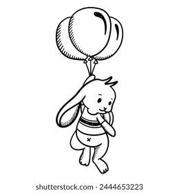 Abstract hand drawn doodle of a rabbit flying with a balloon. Cute rabbit icon in vector illustration