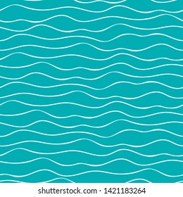 Abstract hand drawn doodle sea waves. Seamless geometric vector pattern on ocean blue background. Great for marine themed products, spa, wellness, beauty, stationery, giftwrap