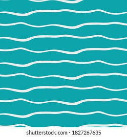 Abstract hand drawn doodle sea waves. Seamless vector pattern background. Linear geometric irregular lines on ocean aqua blue backdrop. All over print for marine , water concept, wellness, spa