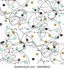 Abstract hand drawn doodle seamless pattern with black, pink and gold dots and lines. Polka dot cute background. Design  for paper, wallpaper, textile, fabric, and other progects. 
