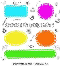 Abstract hand drawn doodle set of frames and borders for text or logo. Colorful frame with a decorative pattern in the shape of a circle, oval, rectangle, stripes, abstract shape. Vector illustration.