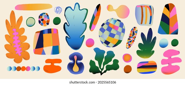 Resumen de formas de doodle dibujadas a mano, plantas, elementos.
Estilo de caricatura de moda. Diferentes formas y texturas. Diseño moderno y colorido.