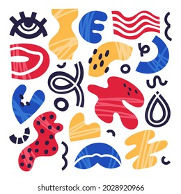 Abstract hand drawn doodle shapes. Contemporary dotted elements, geometric trendy bright shapes, colorful various abstract symbols isolated vector illustration set